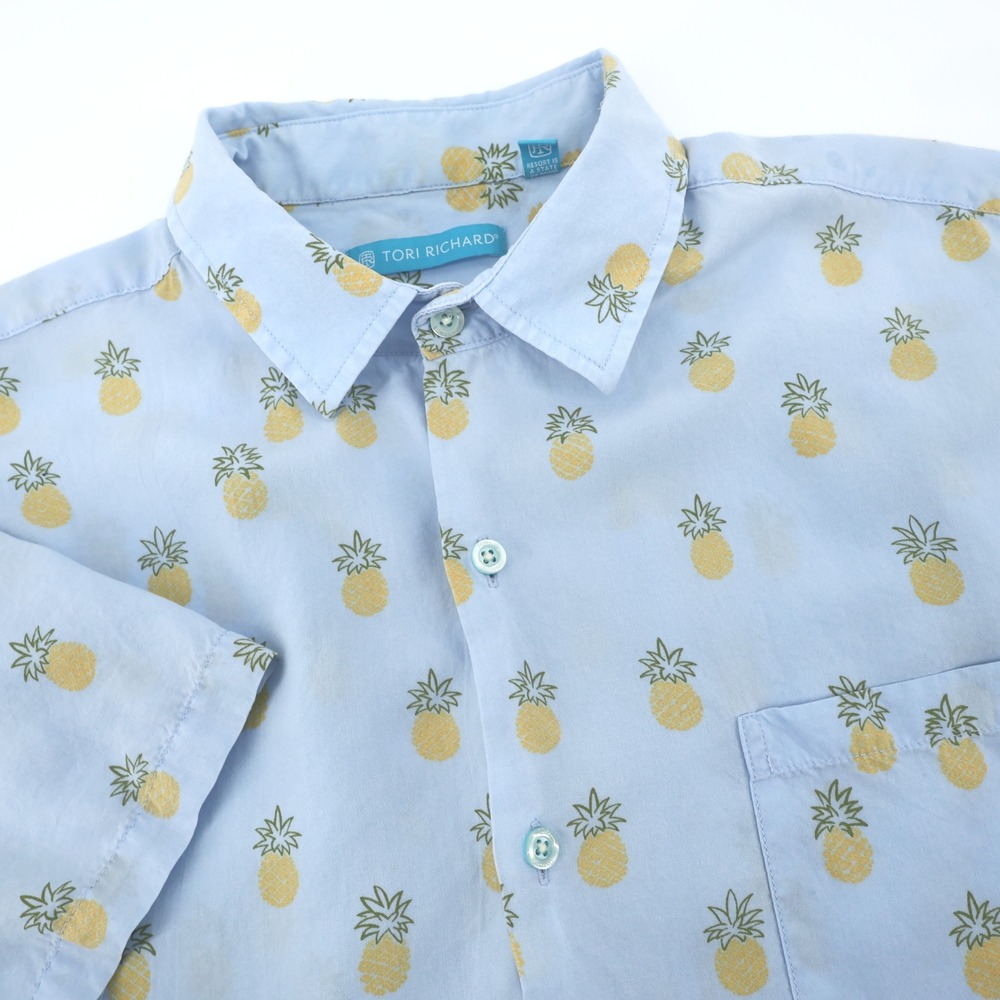 Tori Richard Short Sleeve Button Up Shirt Light Blue Pineapple Print Mens Large